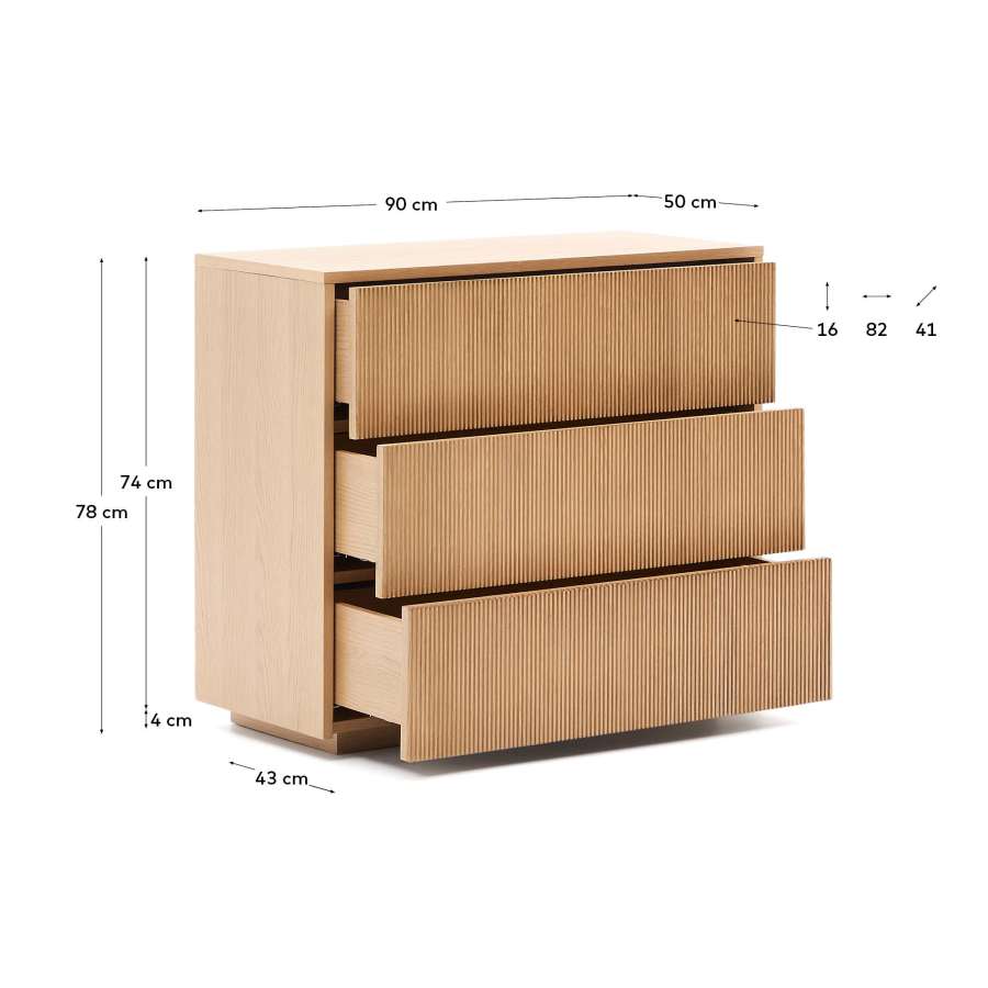 Helvine chest of 3 drawers in oak veneer 86 x 79 cm FSC 100% Assembled