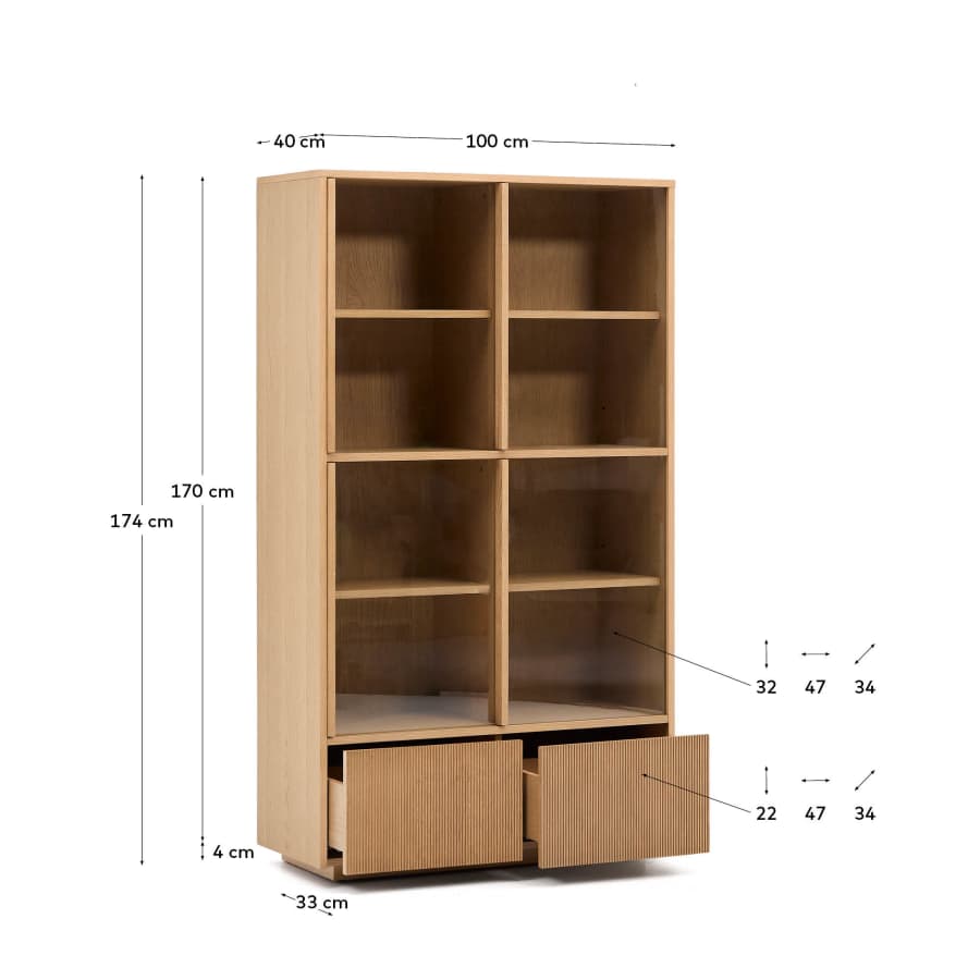 Helvine display cabinet 4 doors 2 drawers oak veneer and tempered glass 100 x 174 cm FSC 100% Assembled