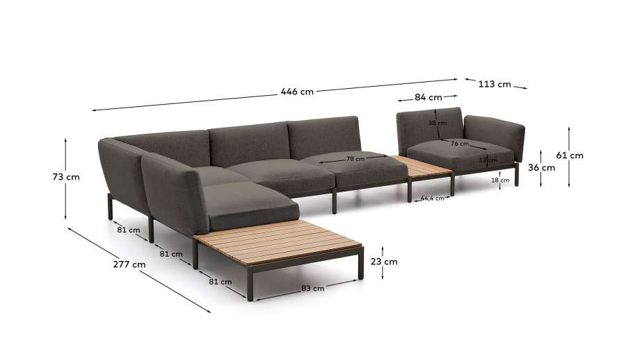 Sofà modular raconer exterior Sorells de 5 places entapissat gris i alumini verd amb 2 taules de teca 277x446 cm FSC 100%