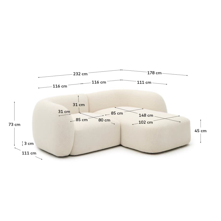 Martina ecru chenille 2-seater modular sofa with right chaise longue 230cm