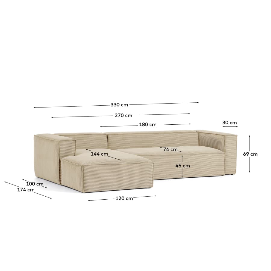 Blok 4-seater sofa with left chaise longue thick taupe corduroy 330 cm