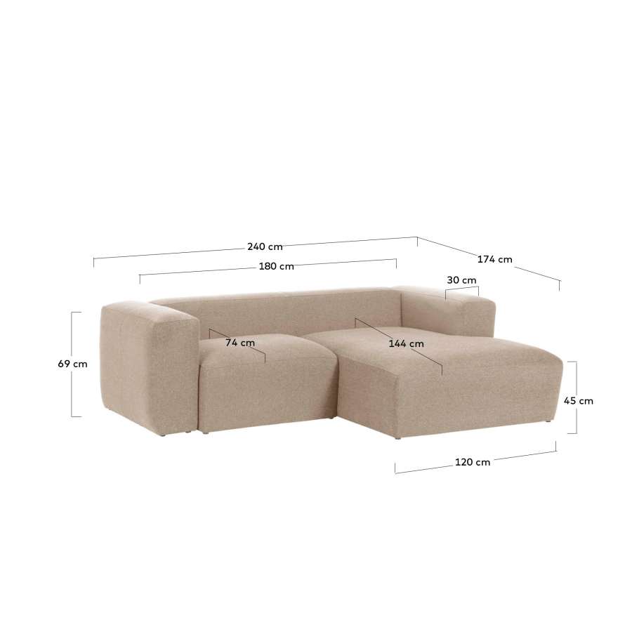 Blok 2-seater sofa with right chaise longue beige chenille 240 cm