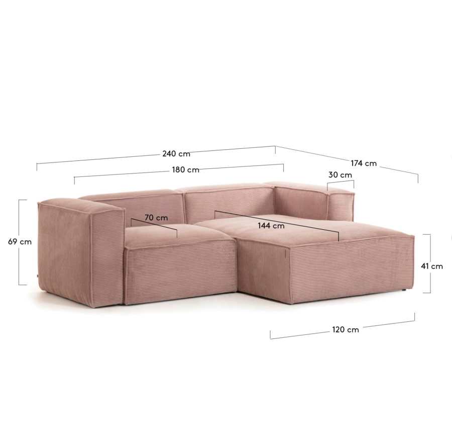 Blok 2-seater sofa with right chaise longue thick pink corduroy 240 cm