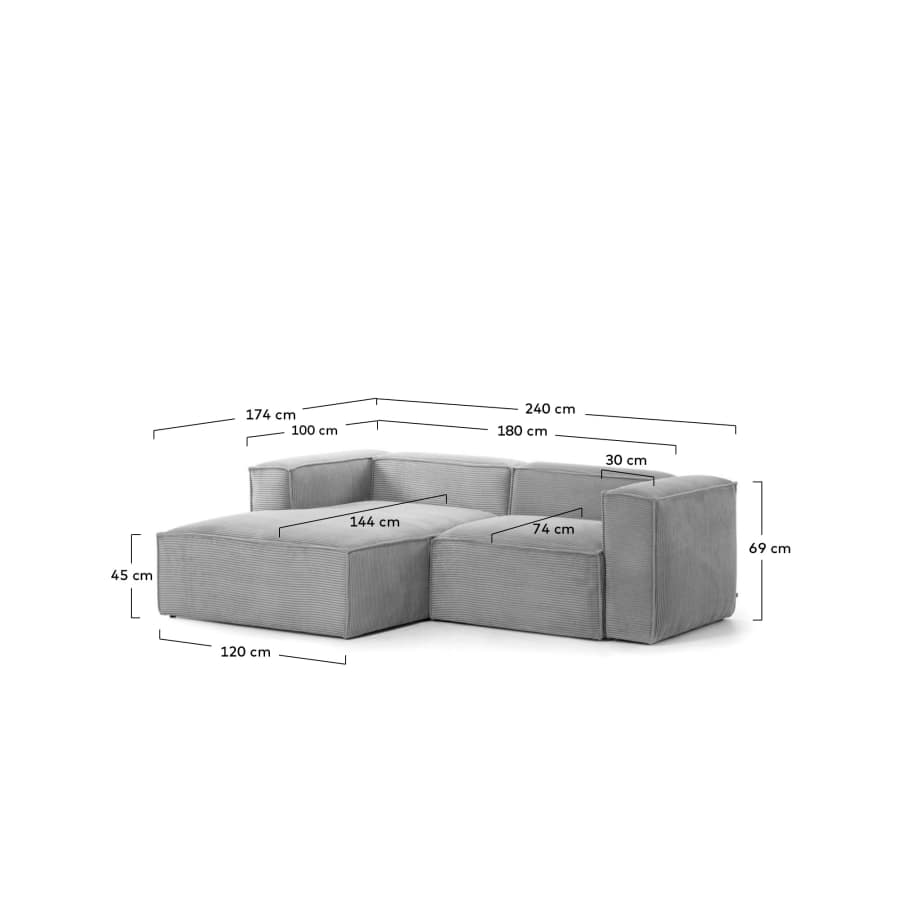 Blok 2-seater sofa with left chaise longue thick grey corduroy 240 cm