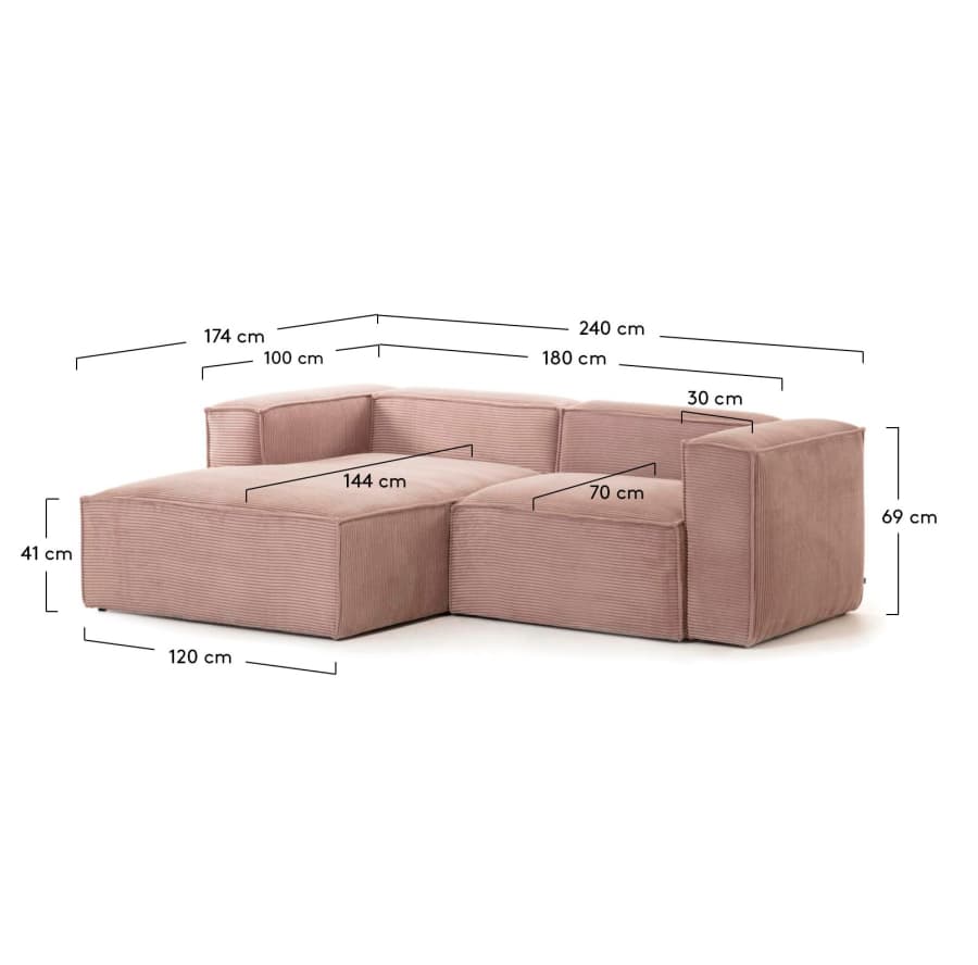 Blok 2-seater sofa with left chaise longue in thick pink corduroy 240 cm
