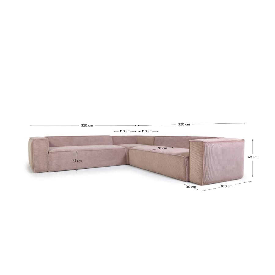 Blok 6-seater corner sofa thick in pink corduroy 320 x 320 cm