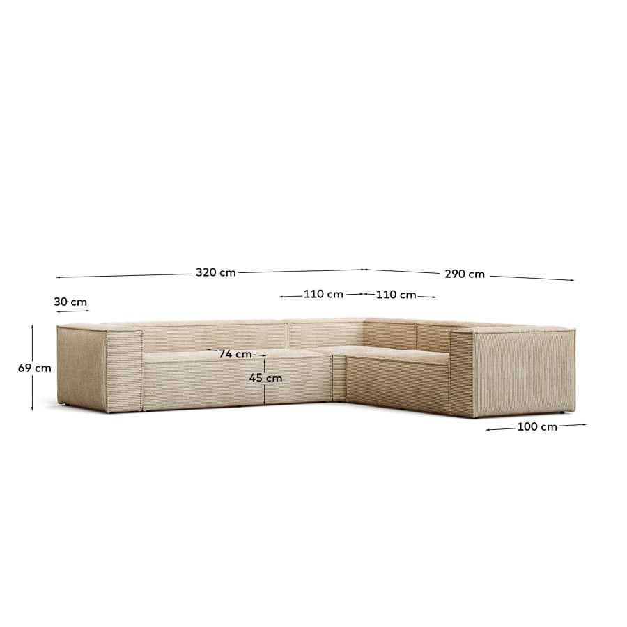 Blok 5-seater corner sofa thick taupe corduroy 320 x 290 cm / 290 x 320 cm