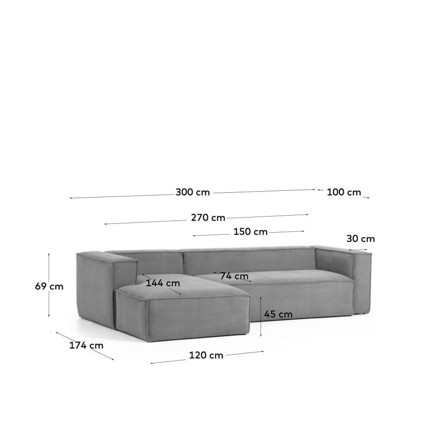 Blok 3-seater sofa with left chaise longue thick grey corduroy 300 cm