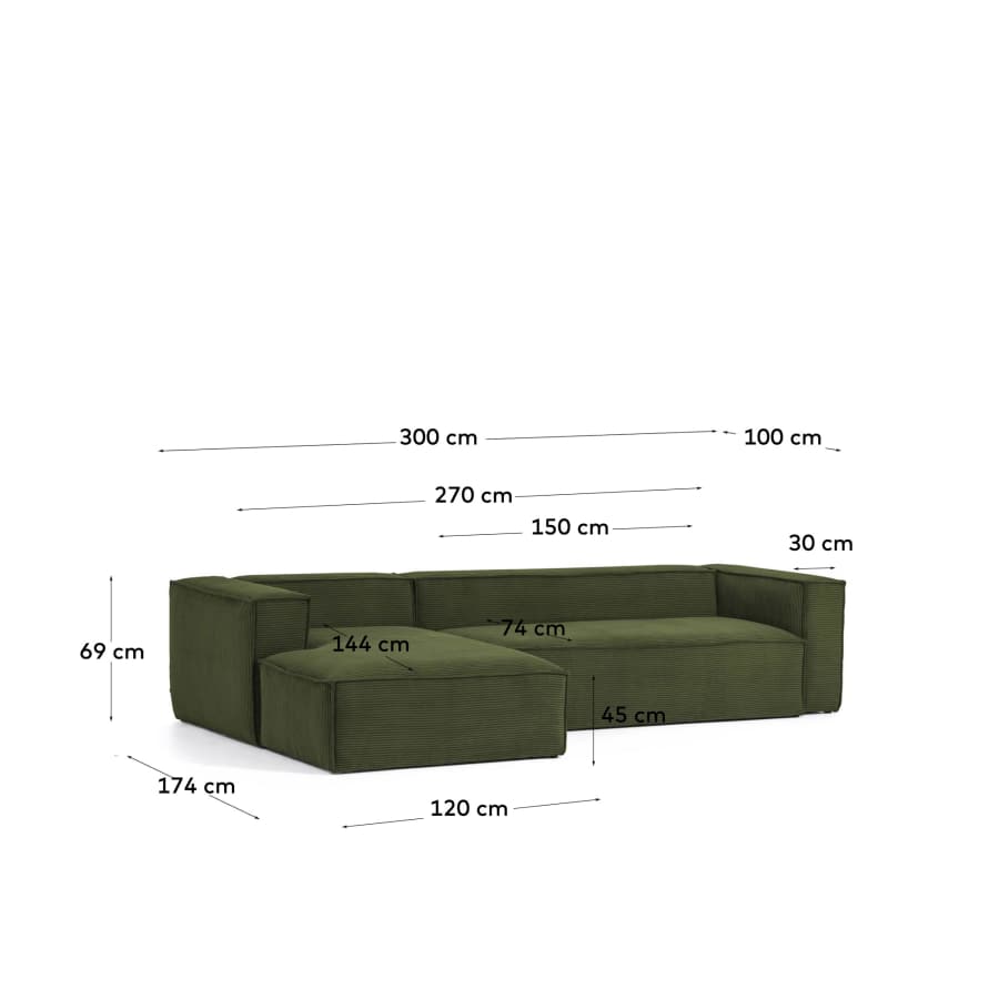 Blok 3-seater sofa with left chaise longue thick green corduroy 300 cm