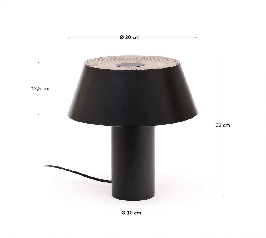 Tischleuchte Ancare aus schwarzem Metall und beigefarbenem Seil.