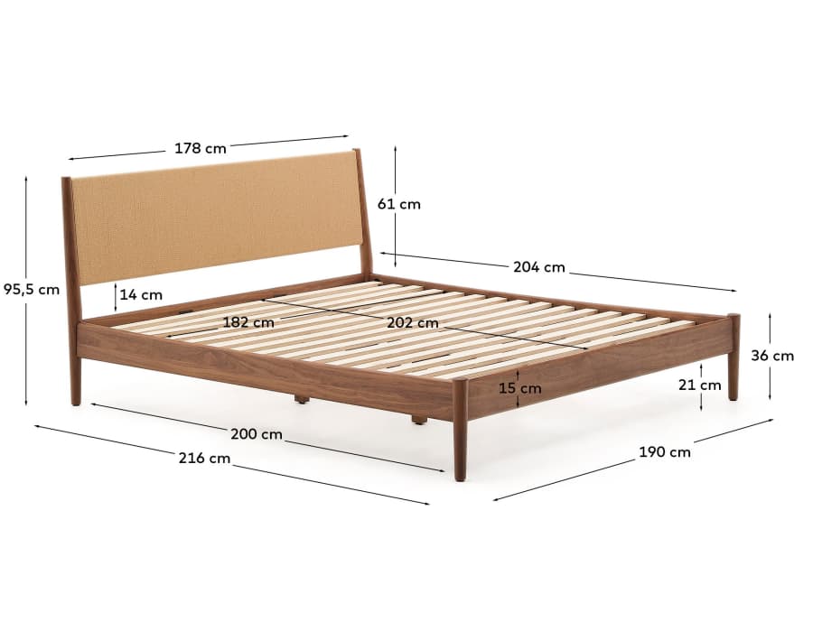 Elan bed in veneer and solid walnut wood with cord mattress 180 x 200 cm FSC Mix Credit