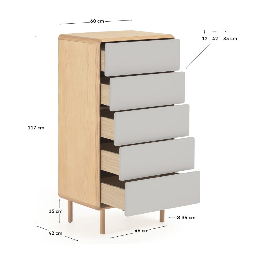 Cassettiera Anielle 5 cassetti in legno massello e impiallacciato frassino 60 x 117 cm