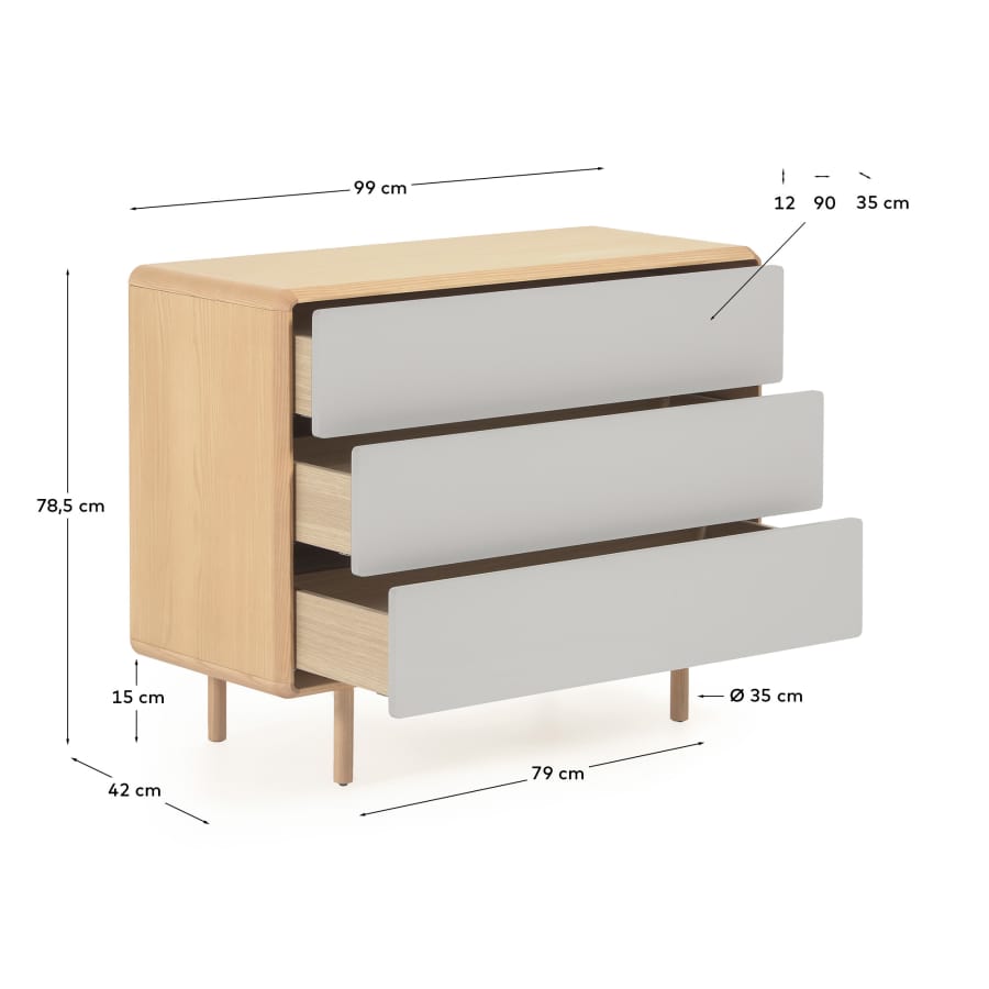 Commode Anielle de 3 tiroirs en bois et placage de frêne 99 x 78,5 cm