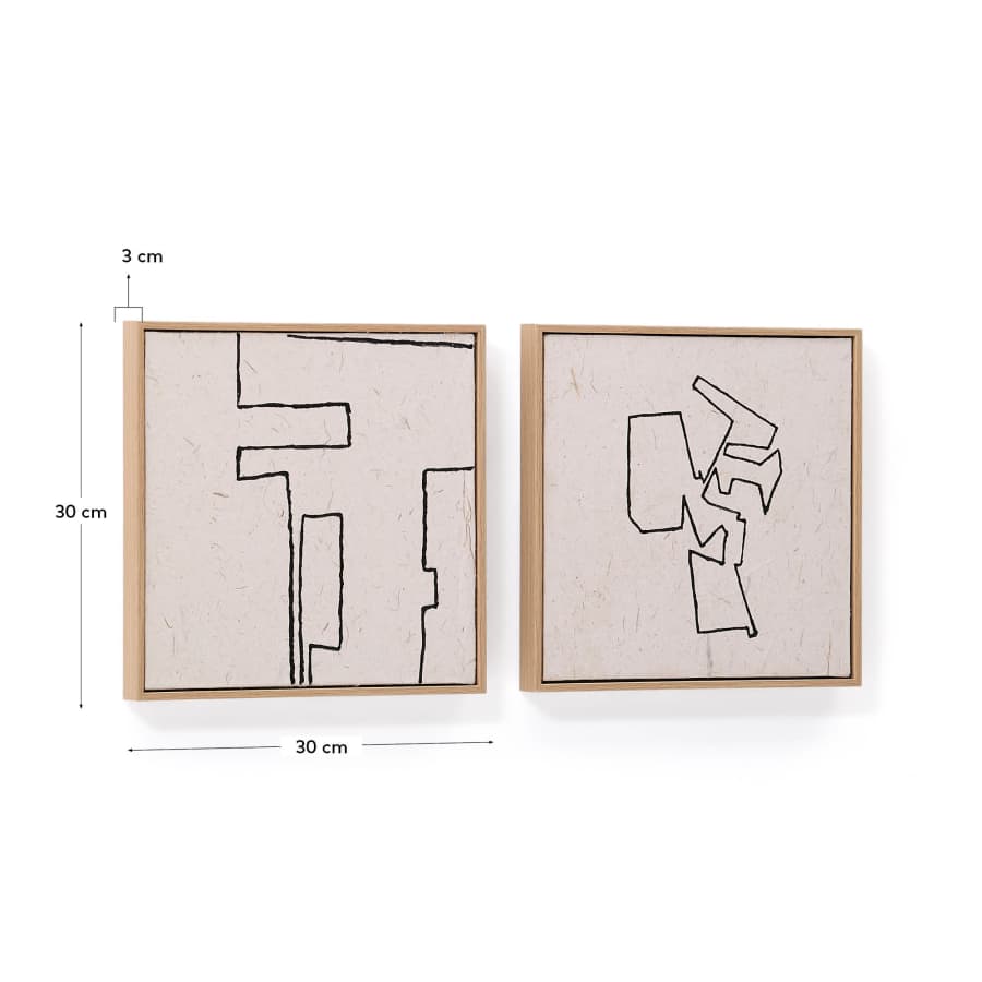 Lot de 2 tableaux abstraits Neyra en papier recyclé peint à la main en noir et beige 30 x 30 cm