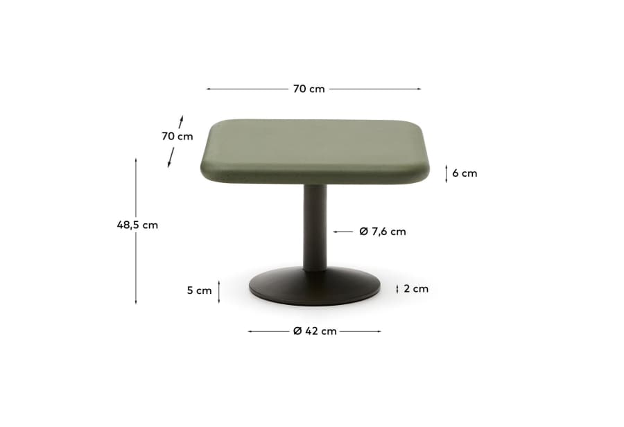 Esilda outdoor table with green cement top 70x70cm and green steel base Ø42x45cm