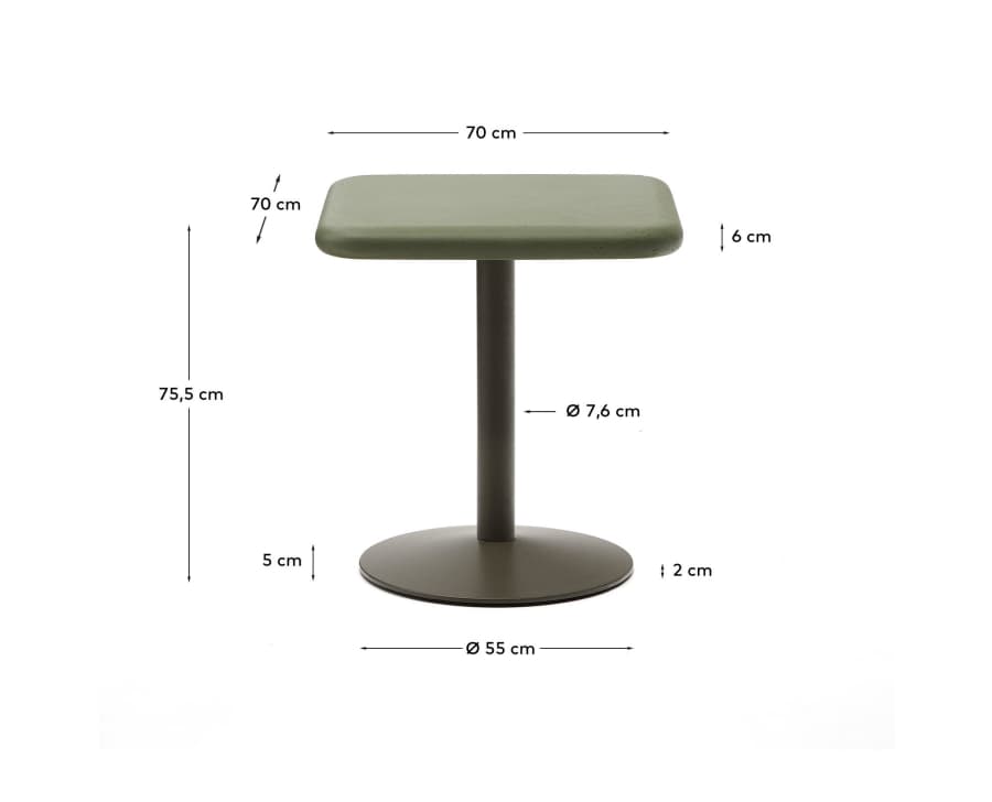 Tavolo da esterno Esilda con piano in cemento verde 70 x 70 cm e base in acciaio verde Ø 55 x 72 cm