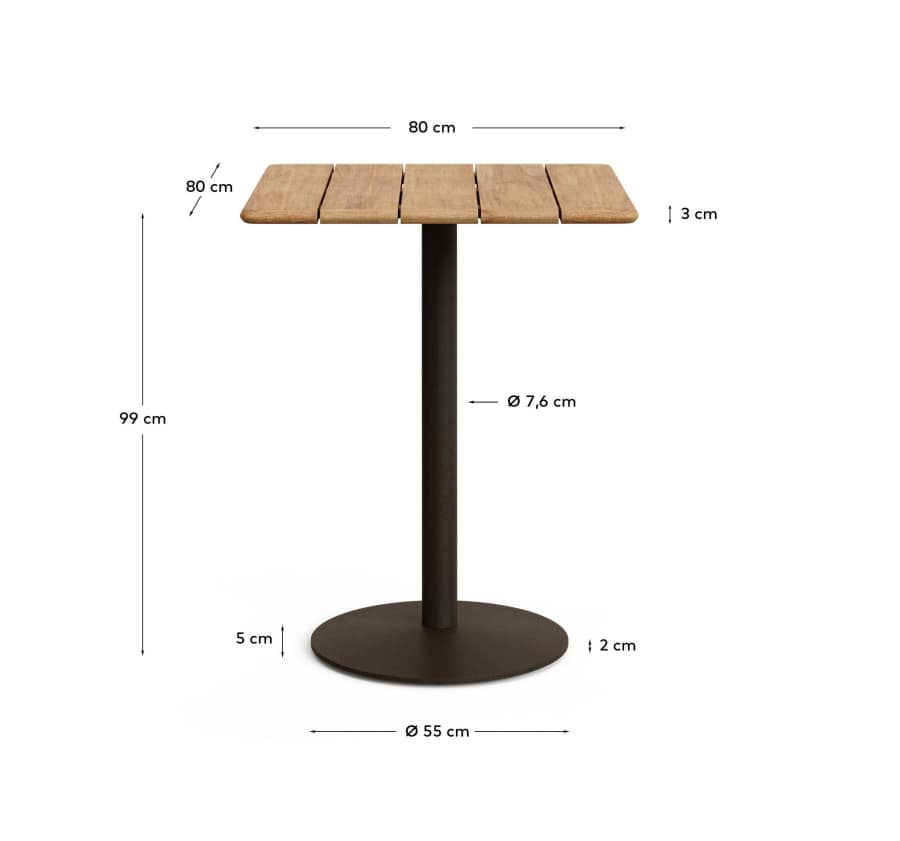 Esilda outdoor tall table with FSC 100% acacia top 80x80cm and green steel base Ø55x96cm