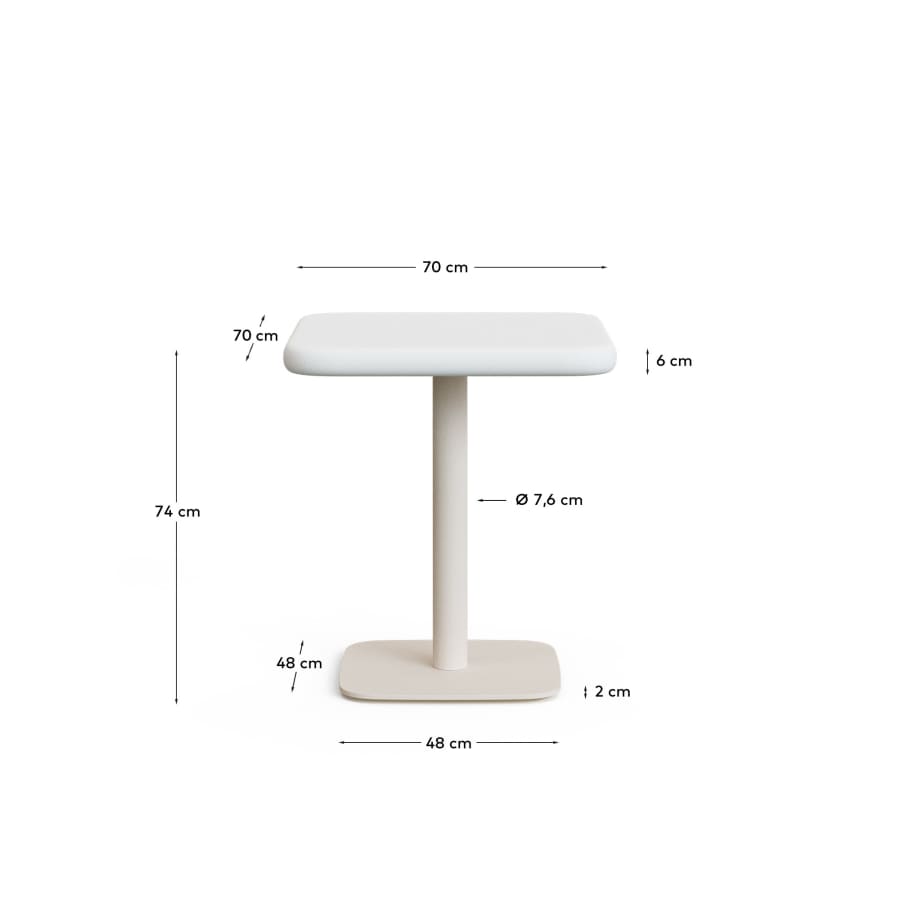 Dina outdoor table with white cement top 70x70cm and white steel base 48x48x72cm