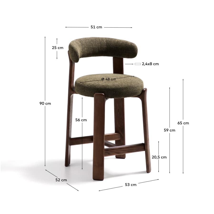 Hocker Granite aus grüner Chenille und massivem Eschenholz mit walnussholzfarbenem Finish, FSC 100%, 65 cm