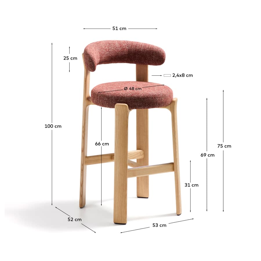 Granite stool in terracotta chenille and solid ash wood with natural tone finish FSC 100% 75cm