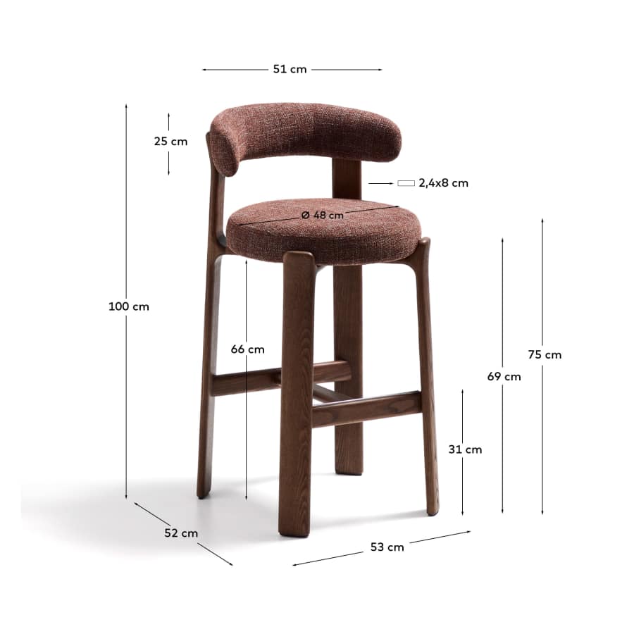 Granite fire-retardant stool with backrest in brown chenille and solid ash wood with walnut-coloured finish FSC 100% 75cm