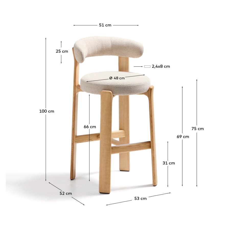 Granite fire-retardant stool with backrest in beige chenille and solid ash wood with natural-coloured finish FSC 100% 75cm