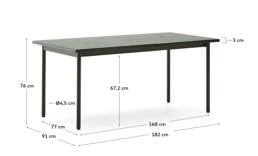 Maurina outdoor table in green galvanised steel with green tiles 182 x 91cm