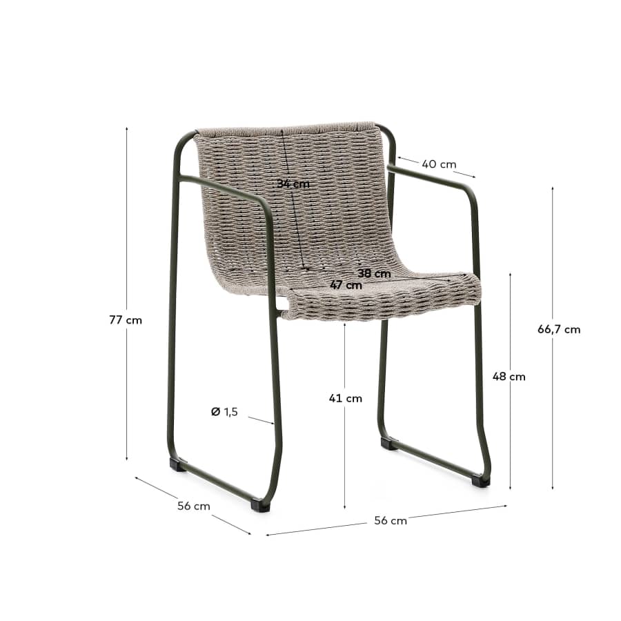 Stuhl Maurina aus grün verzinktem Stahl mit écrufarbenem und grauem Seil