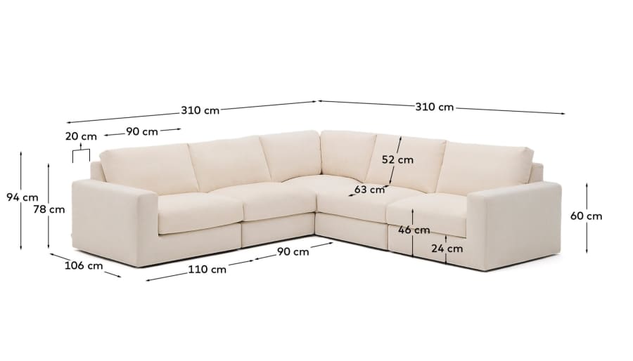 Alea 5-seater modular corner sofa with removable cover in ecru chenille 310 x 310cm