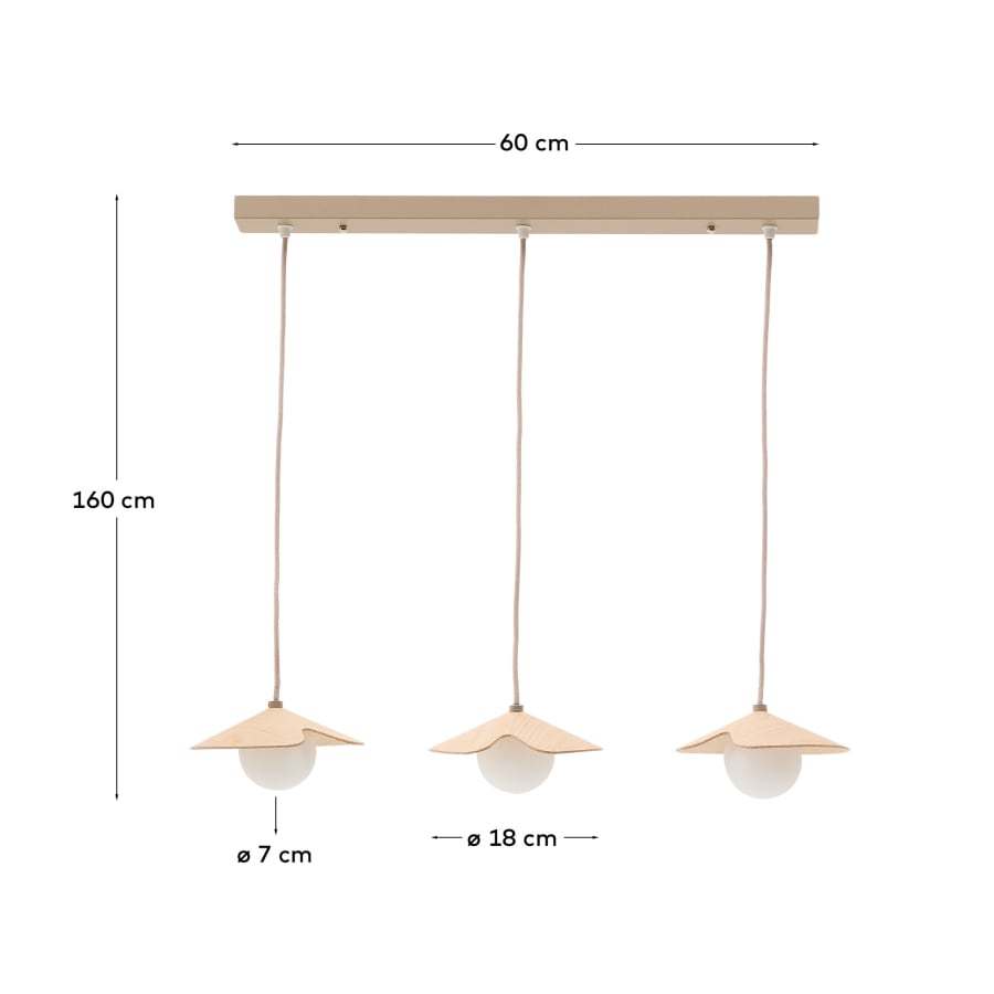 Wilara oak veneer ceiling lamp with 3 white smoked glass balls