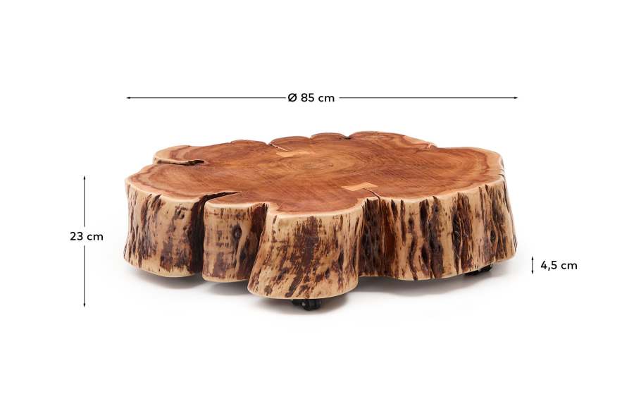 Tavine salontafel in massief acaciahout met gebleekte afwerking en wielen Ø85 cm