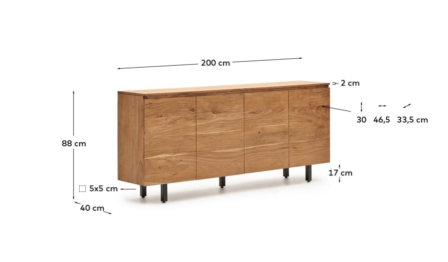 Uxue 4-door sideboard in solid acacia wood with bleached finish 200 x 88cm