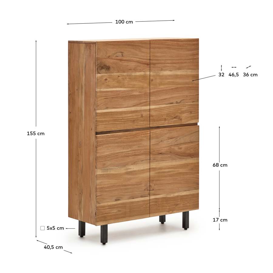 Credenza alta Uxue a 4 ante in legno massiccio di acacia con finitura sbiancata e acciaio nero 100 x 155 cm