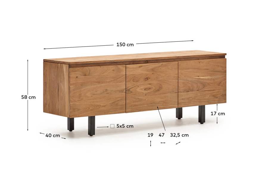 Mobile TV Uxue a 3 ante in legno massiccio di acacia con finitura sbiancata 150 x 58 cm