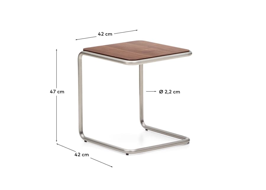 Tarsel side table in walnut veneer with brushed stainless steel structure 42 x 47cm