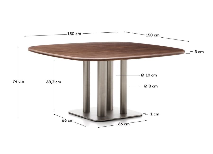 Taula Melvar de xapa de noguera i potes amb base d'acer inoxidable raspallat 150x150 cm