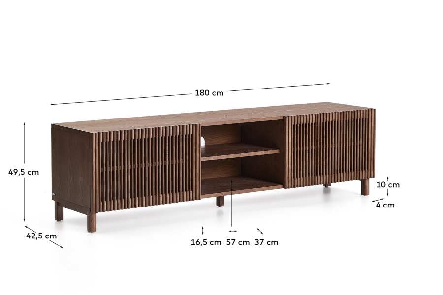 Beyla TV stand with 2 doors in ash veneer and solid ash wood with walnut-tone finish 180 x 49.5 cm FSC 100%