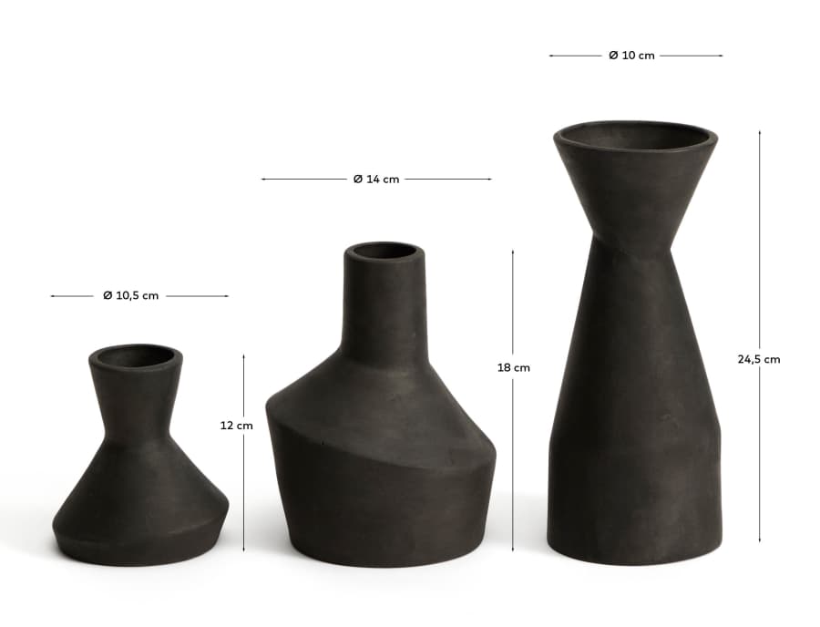 Set Dunari de 3 gerros de terracota negre Ø 10,2 cm / Ø 14 cm / Ø 10 cm