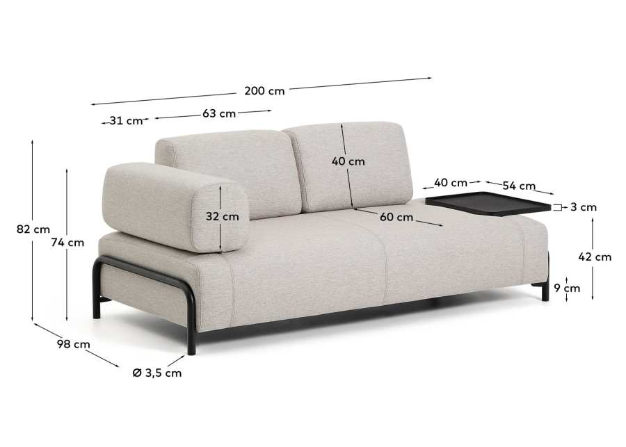2-Sitzer-Sofa Compo in Graubeige mit großem Tablett und schwarzem Metallgestell 200 cm FSC Mix Credit
