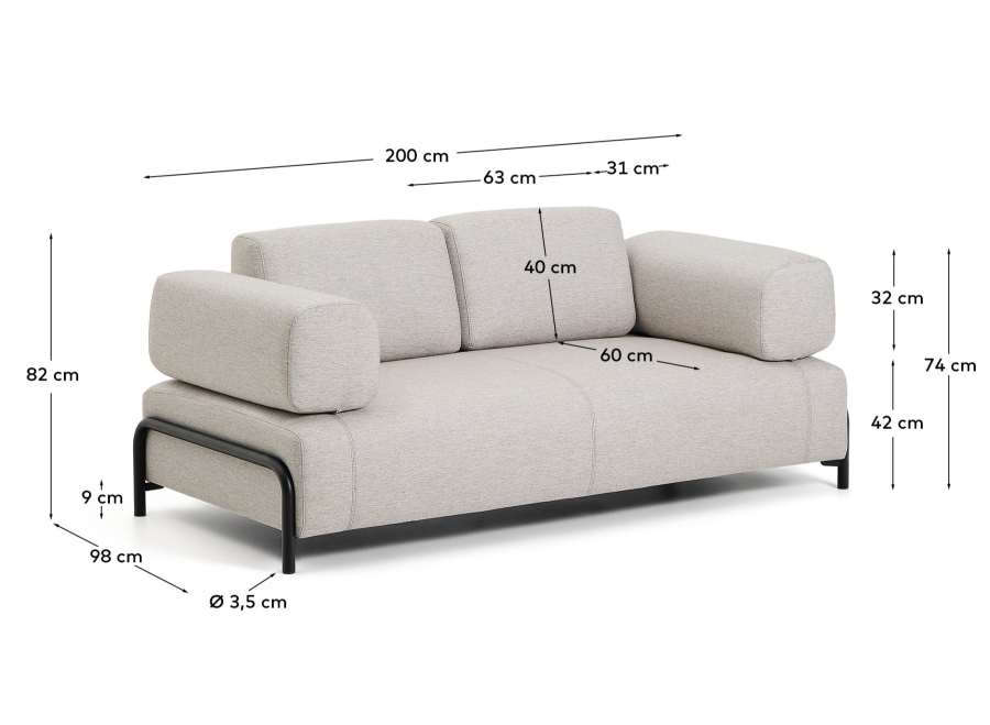 Compo 2-seater greige sofa with black metal frame 200 cm FSC Mix Credit
