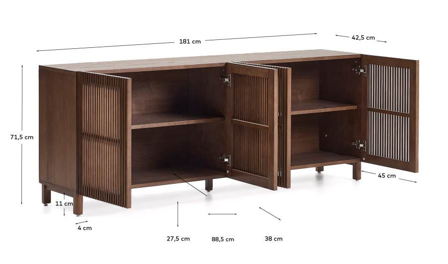 Beyla sideboard with 4 doors in ash veneer and solid ash wood with walnut-tone finish 180 x 71.5 cm FSC 100%