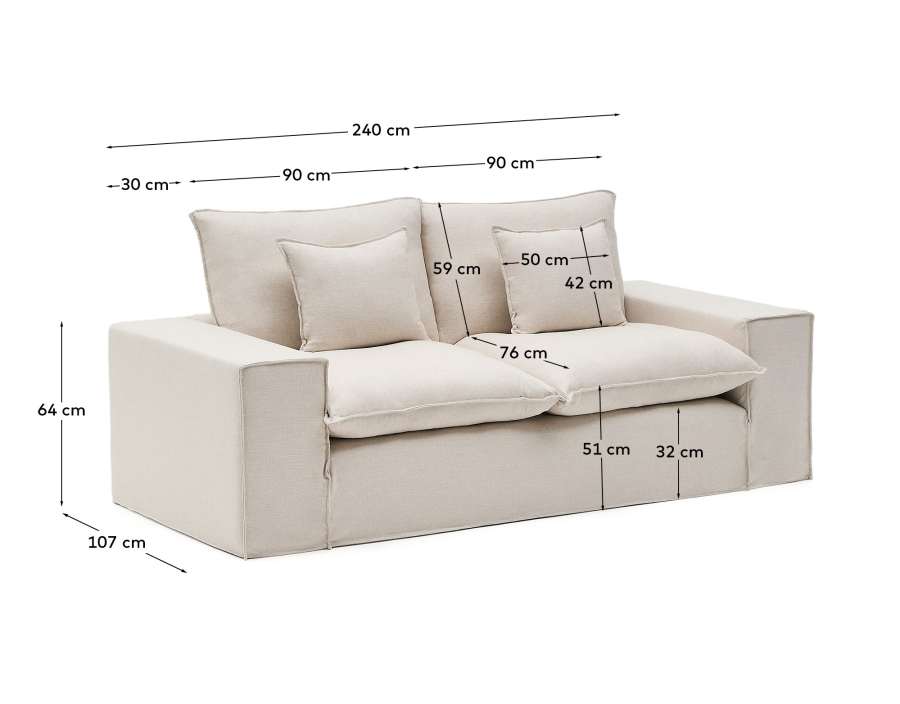 Abziehbares 2-Sitzer-Sofa Anarela mit beigen Leinenkissen FSC Mix Credit 240 cm.