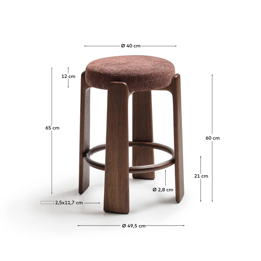 Granite stool in brown chenille and solid ash wood with walnut-coloured finish FSC 100% 65cm