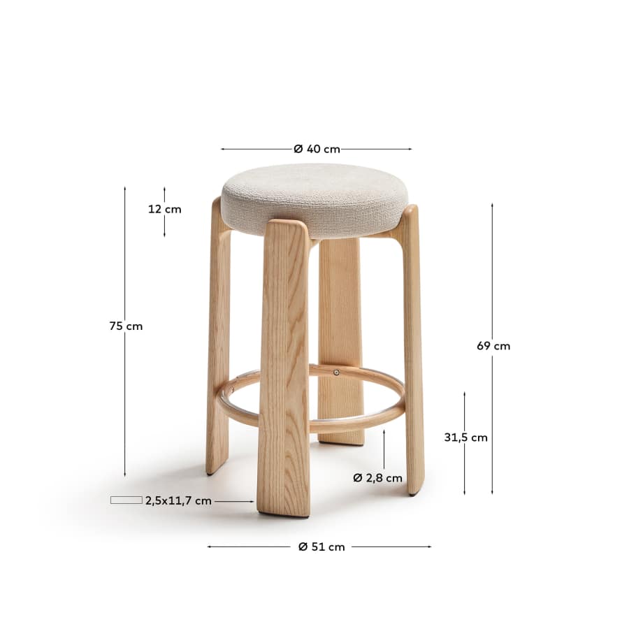 Granite fire-retardant stool in beige chenille and solid ash wood with natural-coloured finish FSC 100% 75cm