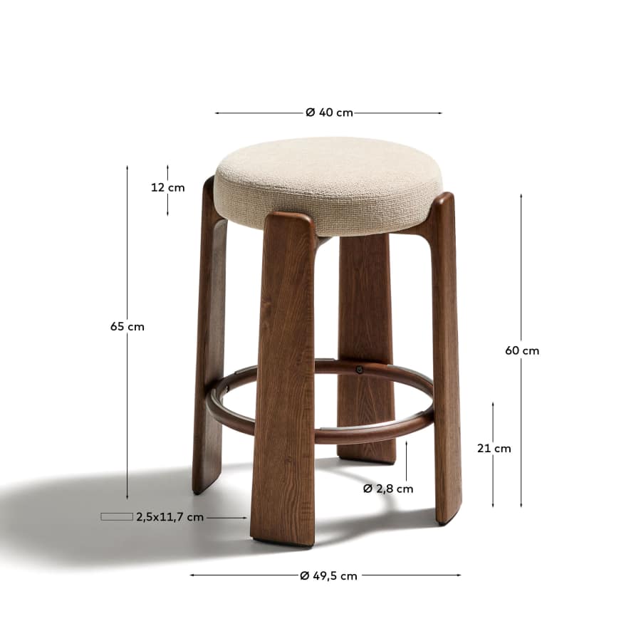 Granite fire-retardant stool in beige chenille and solid ash wood with walnut-coloured finish FSC 100% 65cm