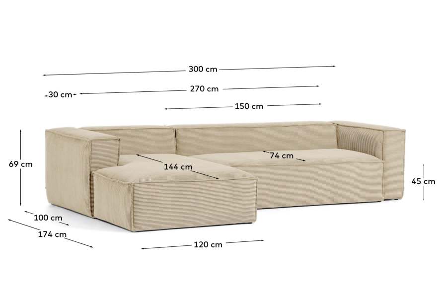 Blok 3 seater sofa with left side chaise longue in beige wide seam corduroy, 300 cm