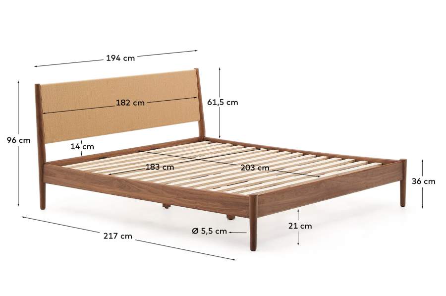 Elan bed in veneer and solid walnut wood with cord for mattress 183 x 203 cm FSC Mix Credit