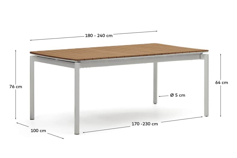 Canyelles outdoor extendable table in polywood and aluminium in light grey 180 (240) x 100cm