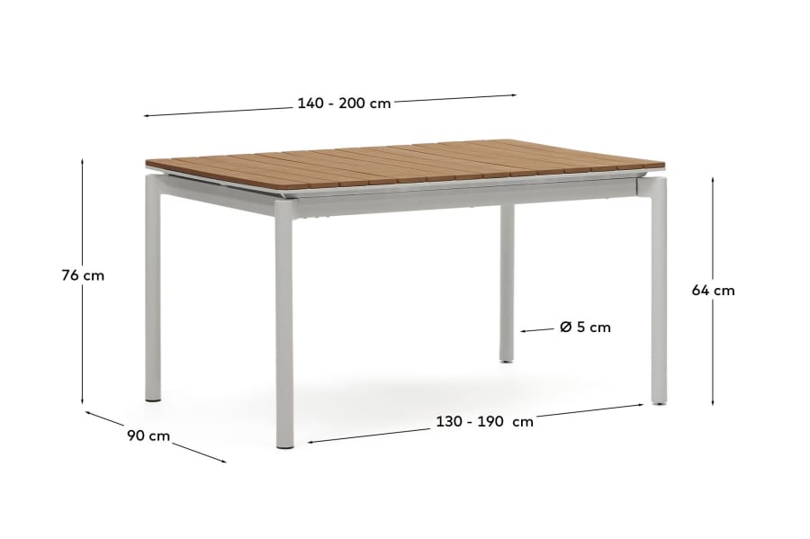 Canyelles outdoor extendable table in polywood and aluminium in light grey 140 (200) x 90cm