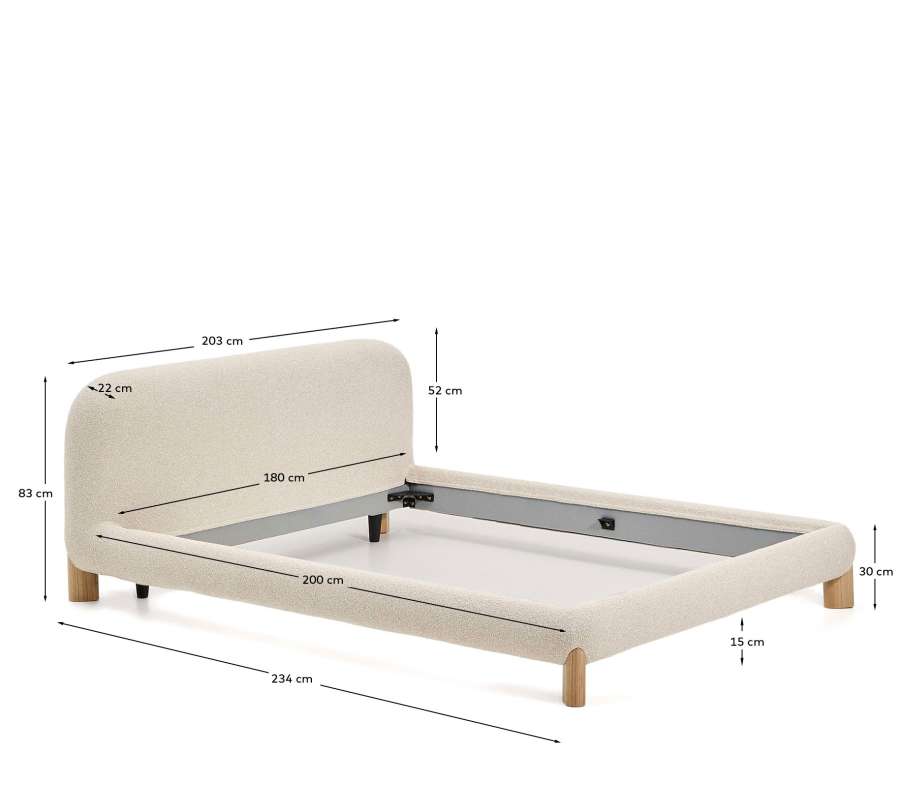 Odina ecru bouclé bed with removable cover and solid ash wood legs with natural finish for 180 x 200cm mattress
